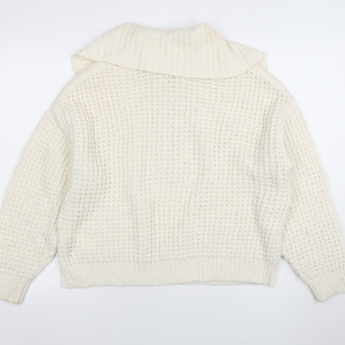 Pull & Bear Women's Ivory Chunky Half Zip Knit Jumper Size S