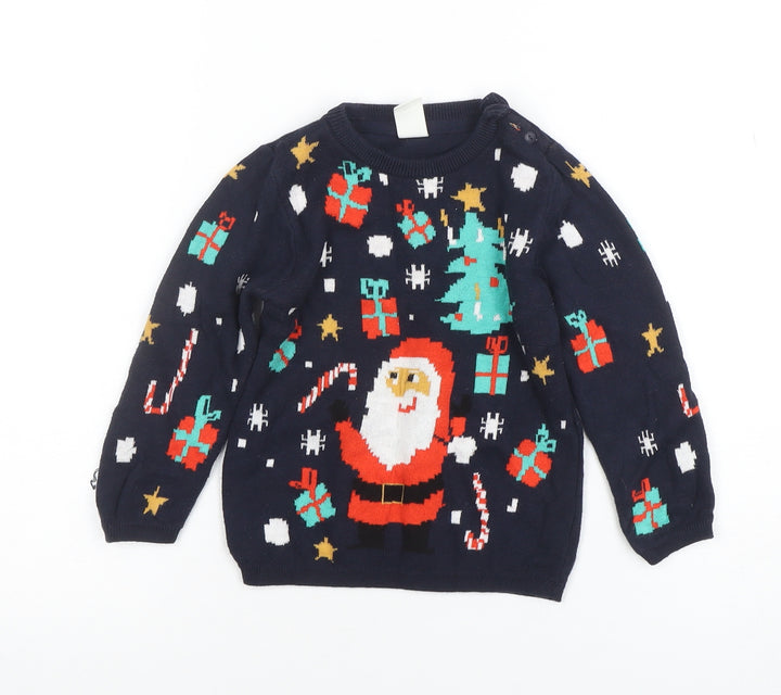 Marks and Spencer Boys Navy Christmas Jumper Size 2-3 Years Santa Print