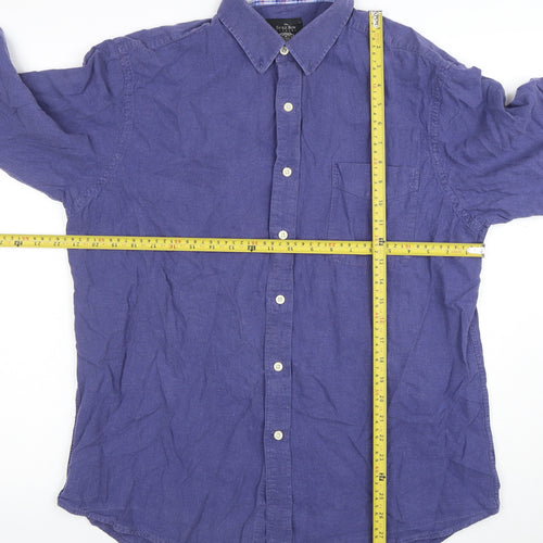 Savile Row Company Men's Blue Linen Cotton Long Sleeve Shirt L