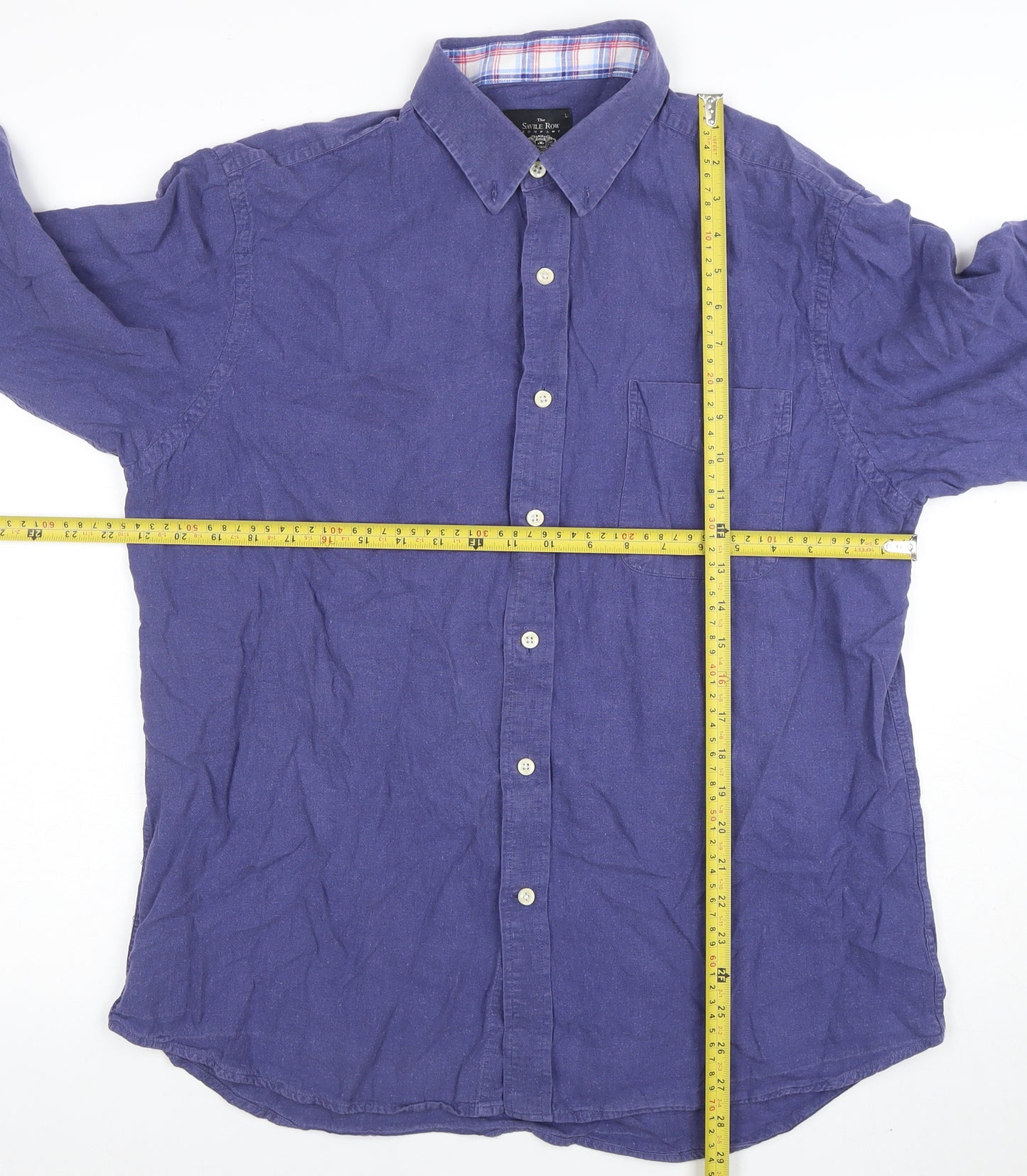 Savile Row Company Men's Blue Linen Cotton Long Sleeve Shirt L