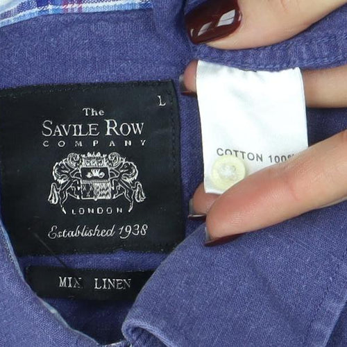 Savile Row Company Men's Blue Linen Cotton Long Sleeve Shirt L