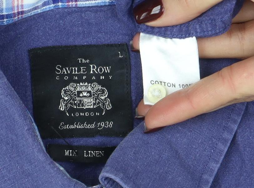 Savile Row Company Men's Blue Linen Cotton Long Sleeve Shirt L