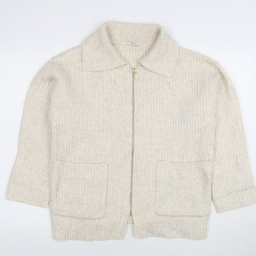 Tu Women Beige Collared Full Zip Knit Jumper Size 10