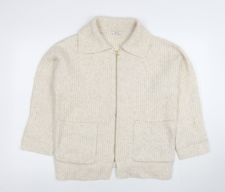 Tu Women Beige Collared Full Zip Knit Jumper Size 10