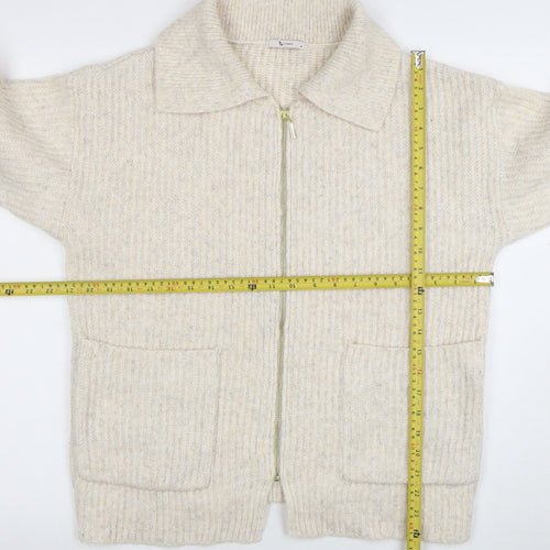 Tu Women Beige Collared Full Zip Knit Jumper Size 10
