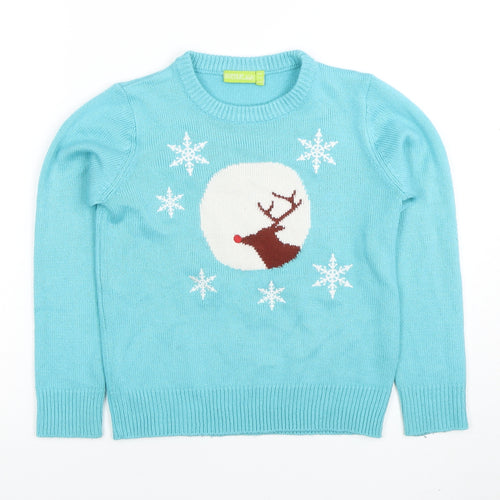 Avenue Kids Girls Blue Reindeer Christmas Jumper 7-8 Years Acrylic Knit