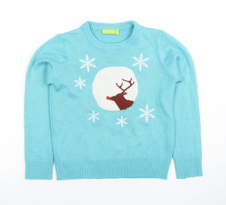 Avenue Kids Girls Blue Reindeer Christmas Jumper 7-8 Years Acrylic Knit