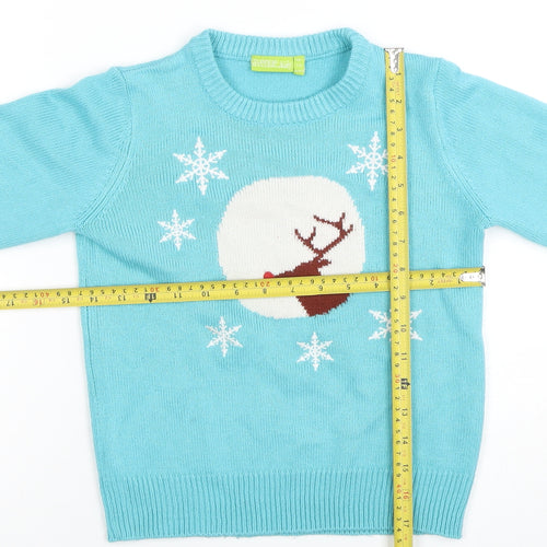 Avenue Kids Girls Blue Reindeer Christmas Jumper 7-8 Years Acrylic Knit