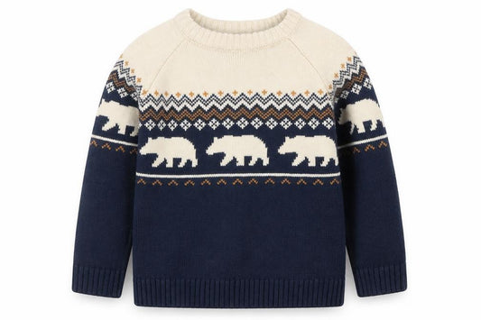 Vertbaudet Boys Blue Fair Isle Bear Knit Jumper 10 Years