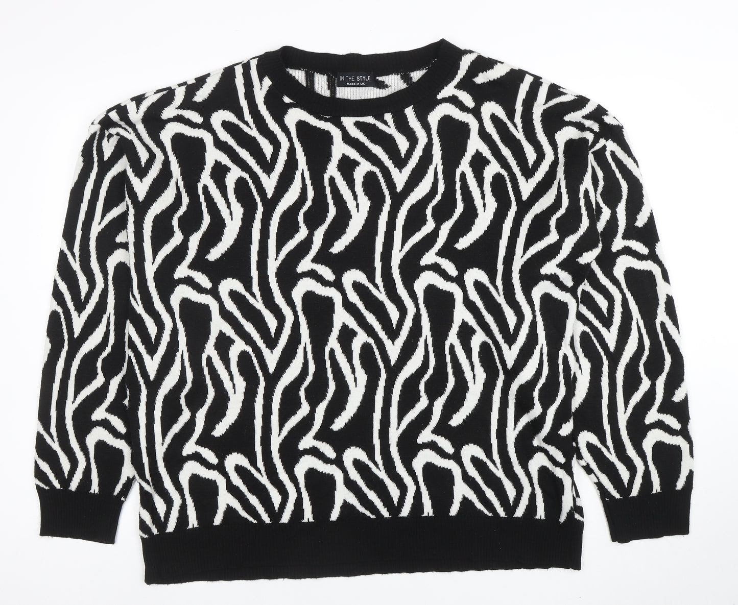 In The Style Women’s Black Zebra Knit Jumper Size L Crew Neck