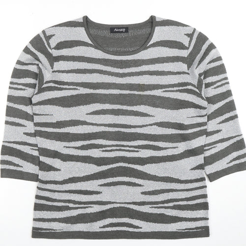Alexara Women Grey Animal Print 3/4 Sleeve Knit T-Shirt M