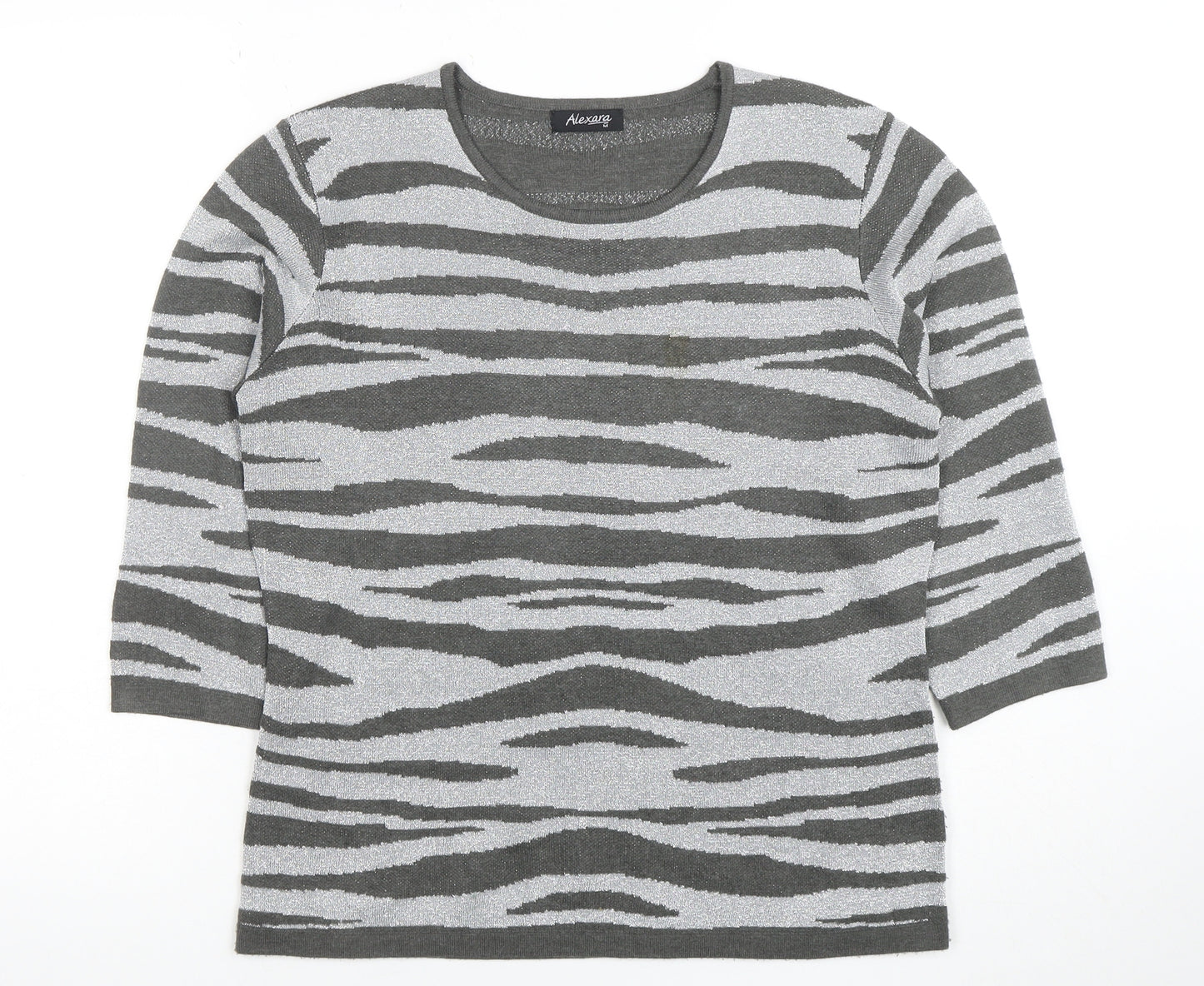 Alexara Women Grey Animal Print 3/4 Sleeve Knit T-Shirt M