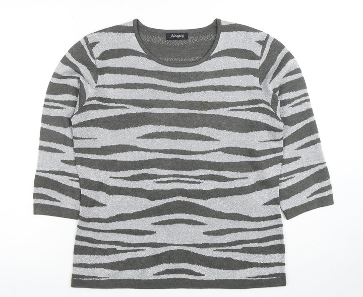 Alexara Women Grey Animal Print 3/4 Sleeve Knit T-Shirt M