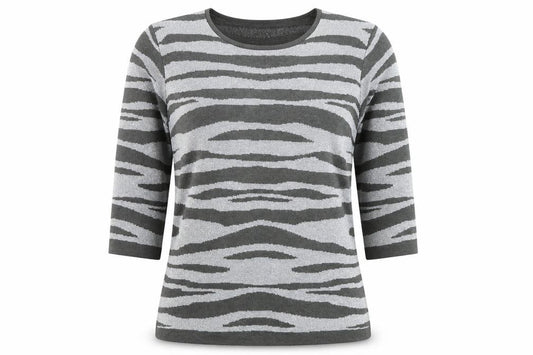 Front view of Alexara Women Grey Animal Print 3/4 Sleeve Knit T-Shirt M