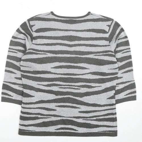 Alexara Women Grey Animal Print 3/4 Sleeve Knit T-Shirt M