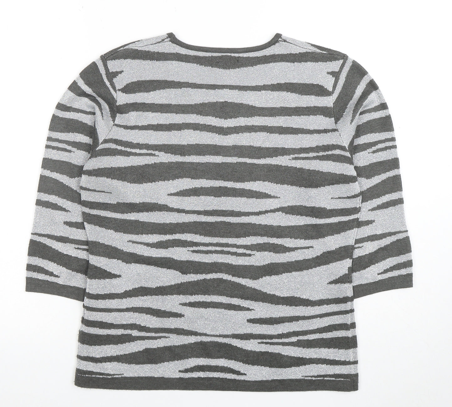 Alexara Women Grey Animal Print 3/4 Sleeve Knit T-Shirt M