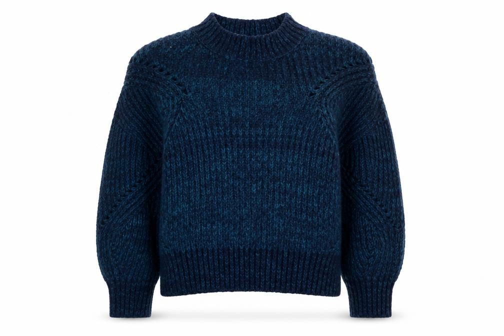 Front view of AND/OR women’s blue chunky-knit wool blend jumper, size UK 8