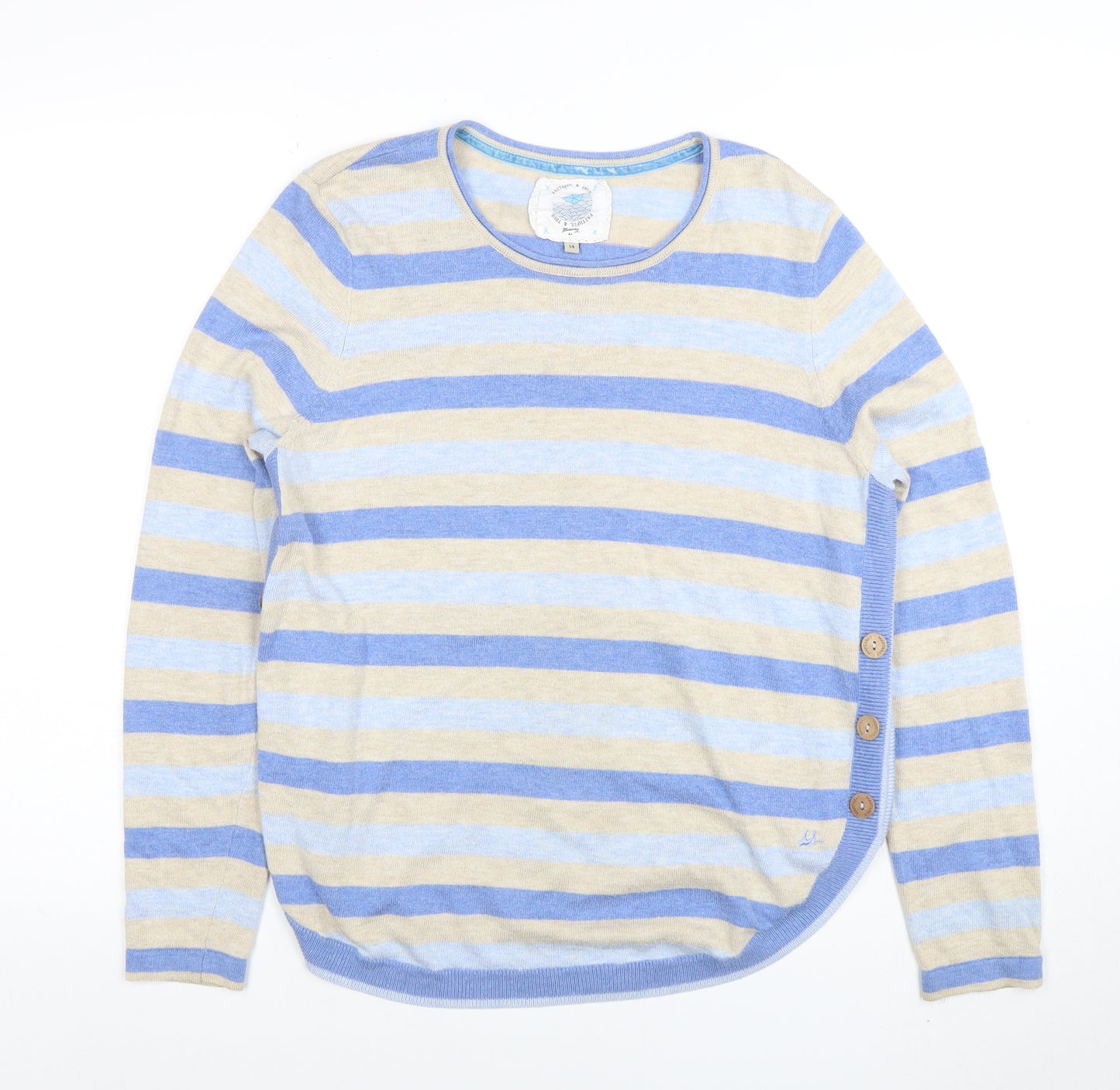 Mistral Women’s Blue Stripe Linen Cotton Jumper Size 14 Crew Neck