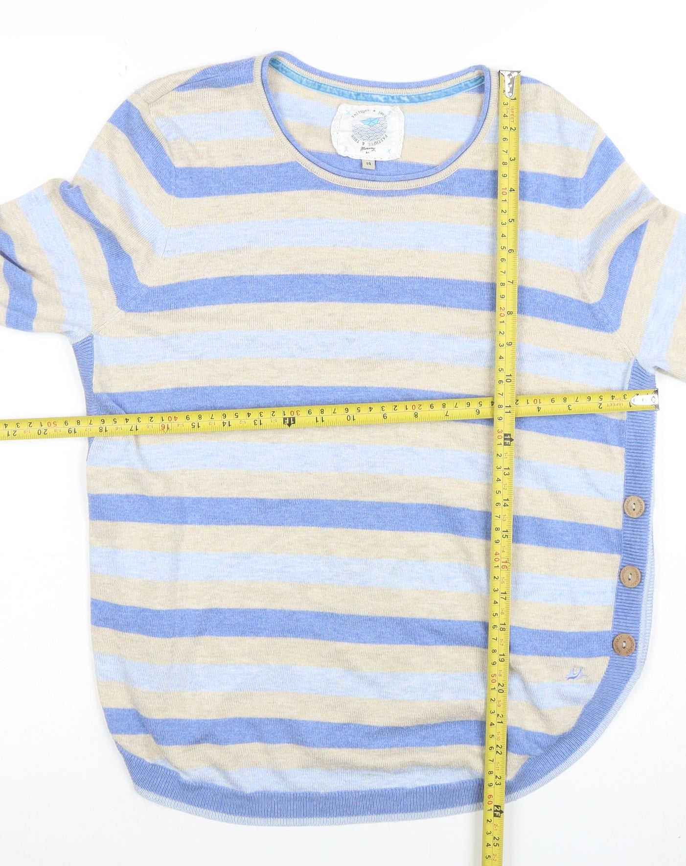 Mistral Women’s Blue Stripe Linen Cotton Jumper Size 14 Crew Neck