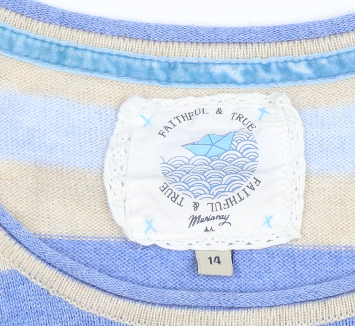 Mistral Women’s Blue Stripe Linen Cotton Jumper Size 14 Crew Neck