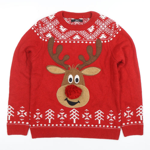 Next Boys Red Christmas Reindeer Jumper 9-10 Years Crew Neck Knit