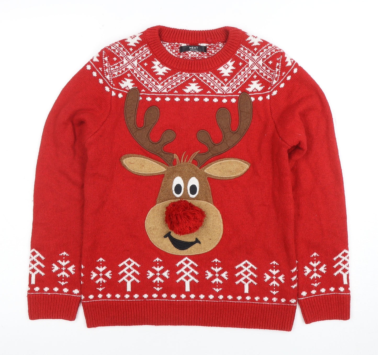 Next Boys Red Christmas Reindeer Jumper 9-10 Years Crew Neck Knit