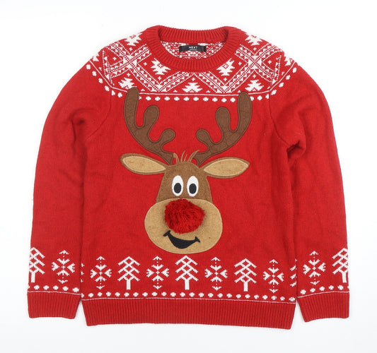 Next Boys Red Christmas Reindeer Jumper 9-10 Years Crew Neck Knit
