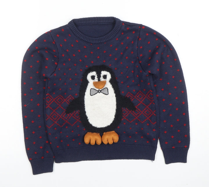 Nutmeg Boys Navy Penguin Christmas Jumper 7-8 Years Acrylic Knit Long Sleeve