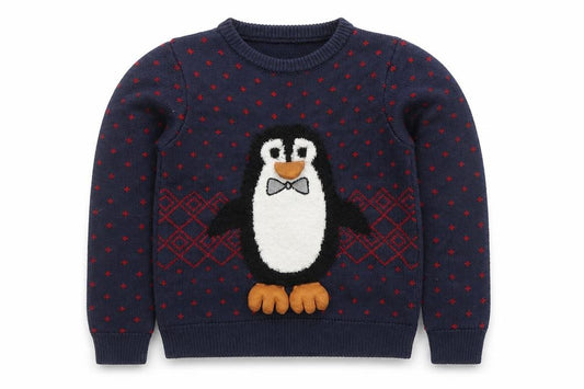 Nutmeg Boys Navy Penguin Christmas Jumper 7-8 Years Acrylic Knit Long Sleeve