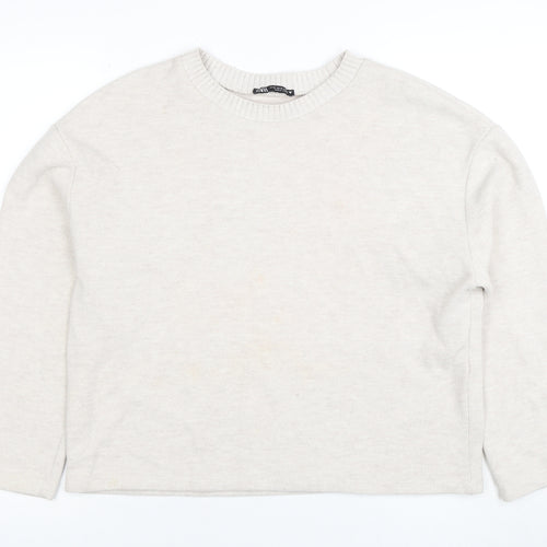 ZARA Women Beige Knit Cotton Blend Crew Neck Jumper Size 12