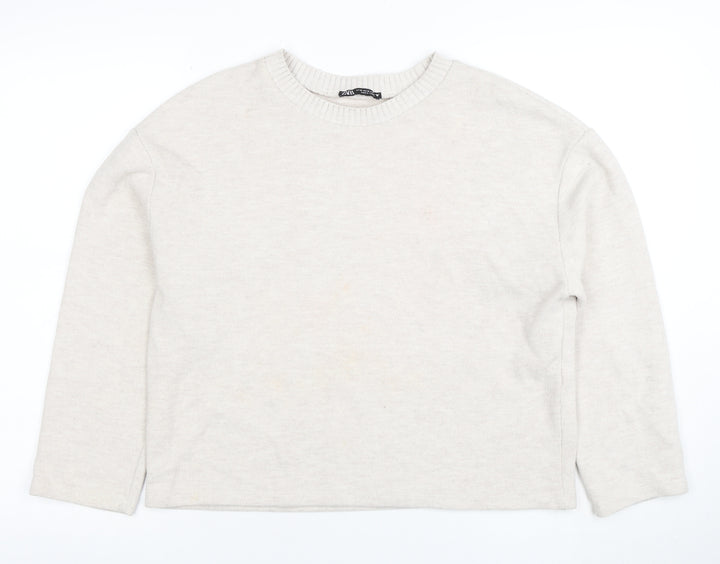 ZARA Women Beige Knit Cotton Blend Crew Neck Jumper Size 12