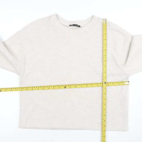 ZARA Women Beige Knit Cotton Blend Crew Neck Jumper Size 12