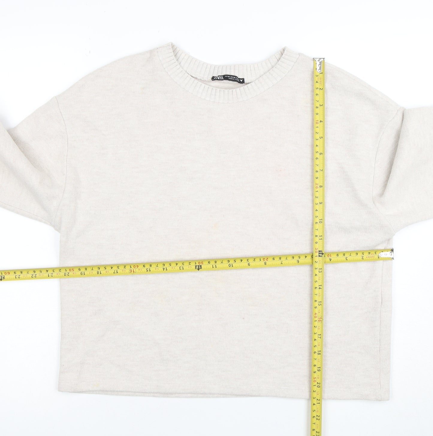 ZARA Women Beige Knit Cotton Blend Crew Neck Jumper Size 12