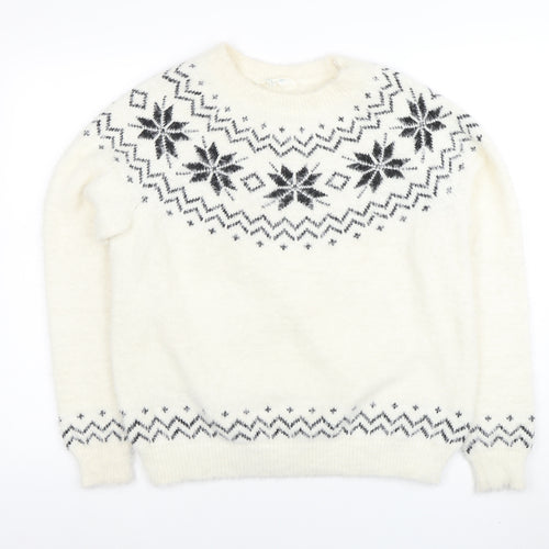 Primark Women's White Fair Isle Crew Neck Pullover Jumper Size S