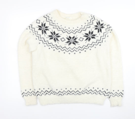 Primark Women's White Fair Isle Crew Neck Pullover Jumper Size S