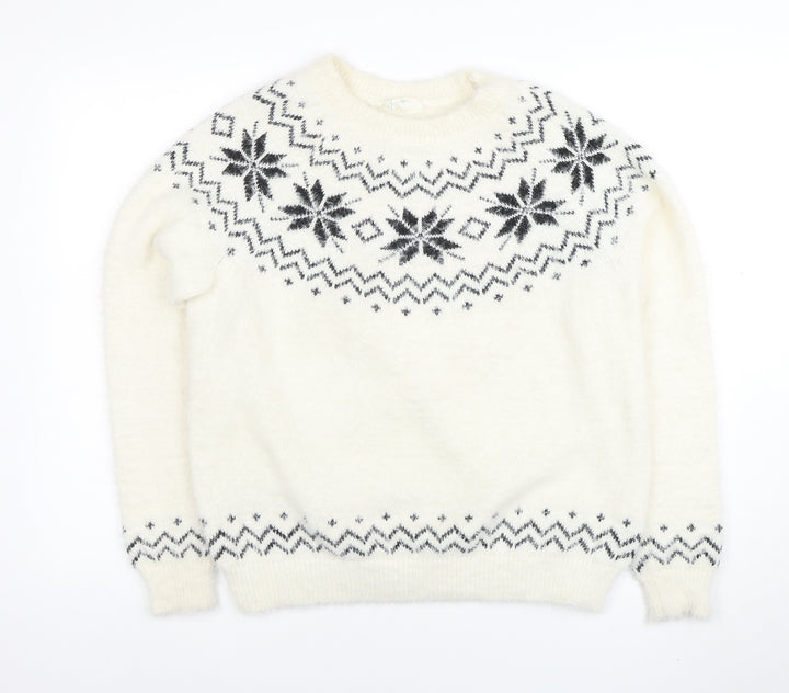 Primark Women's White Fair Isle Crew Neck Pullover Jumper Size S