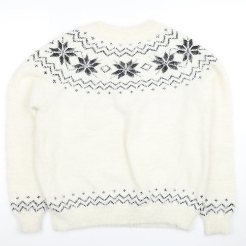 Primark Women's White Fair Isle Crew Neck Pullover Jumper Size S