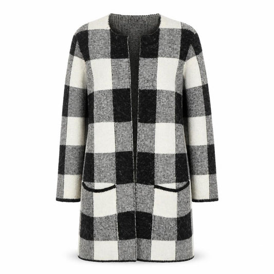 Front view of Atmosphere Women Black Check Longline Cardigan, size 10/12