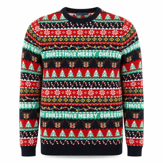 Front view of Easy men’s multicoloured s christmas jumper fair isle crew neck