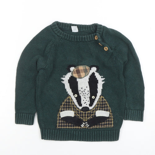 Tu Boys Green Badger Knitted Jumper 2-3 Years Cotton Pullover