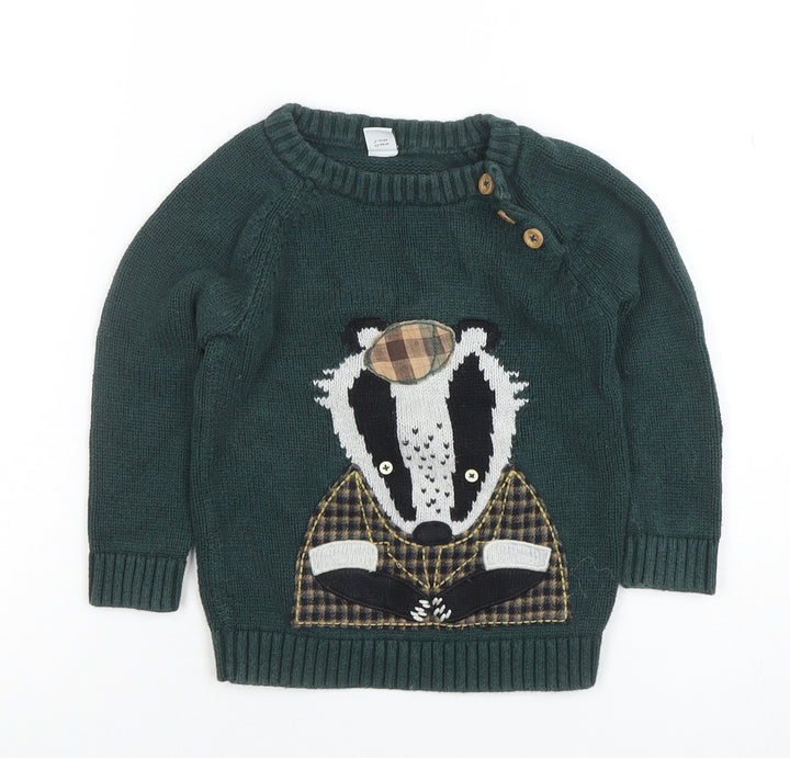Tu Boys Green Badger Knitted Jumper 2-3 Years Cotton Pullover