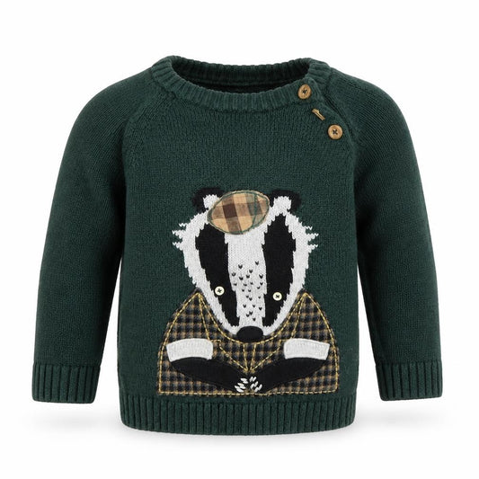 Tu Boys Green Badger Knitted Jumper 2-3 Years Cotton Pullover