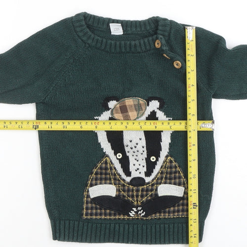 Tu Boys Green Badger Knitted Jumper 2-3 Years Cotton Pullover