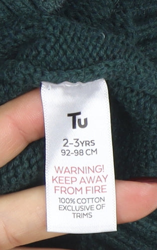 Tu Boys Green Badger Knitted Jumper 2-3 Years Cotton Pullover