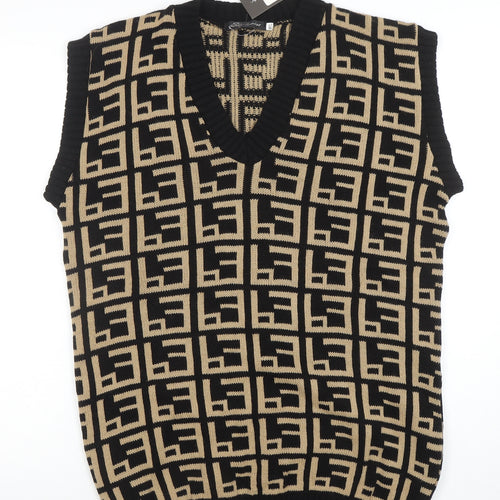 Stylewise Women's Black Beige Geometric V-Neck Knit Vest M/L