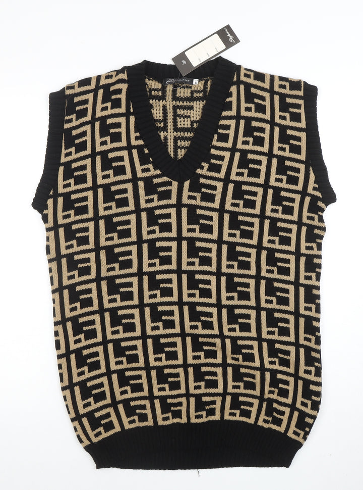 Stylewise Women's Black Beige Geometric V-Neck Knit Vest M/L