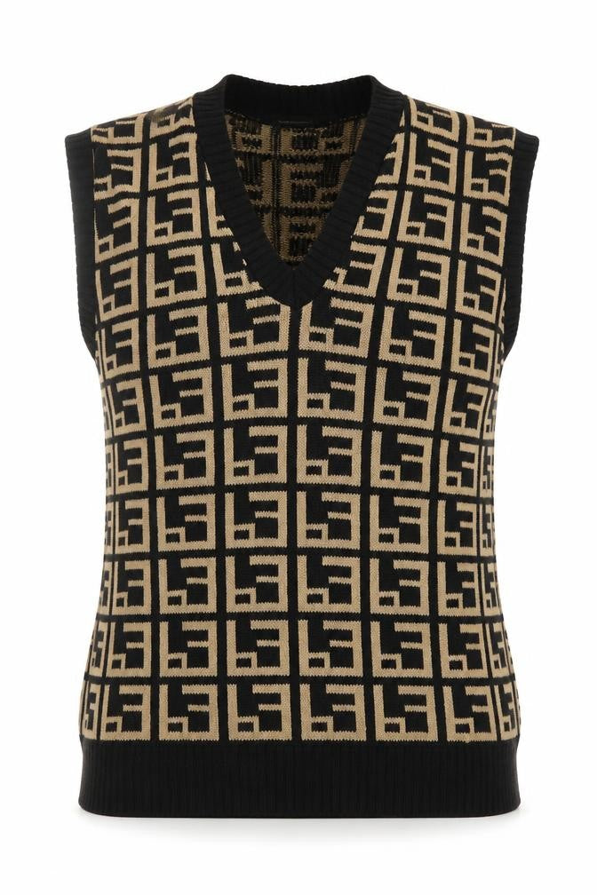 Front view of Stylewise Women's Black Beige Geometric V-Neck Knit Vest M/L
