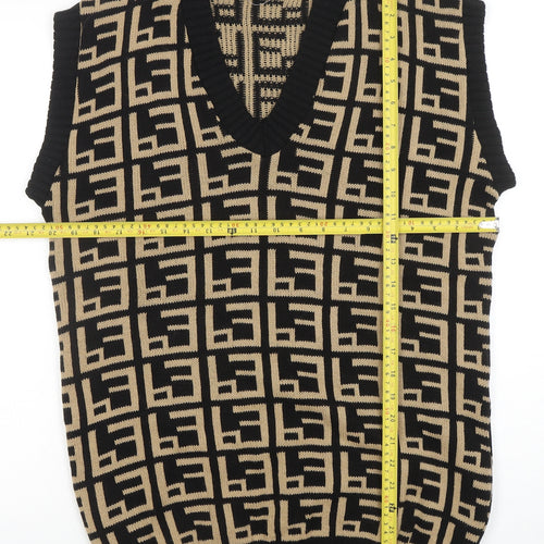 Stylewise Women's Black Beige Geometric V-Neck Knit Vest M/L
