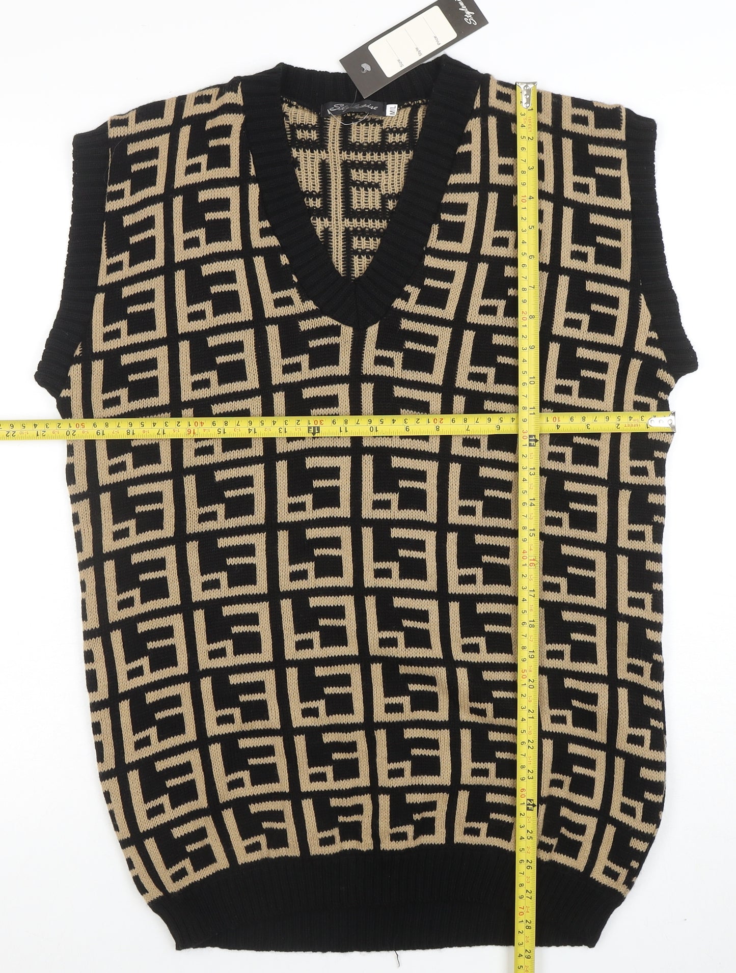 Stylewise Women's Black Beige Geometric V-Neck Knit Vest M/L