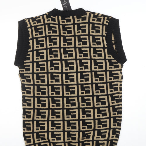 Stylewise Women's Black Beige Geometric V-Neck Knit Vest M/L
